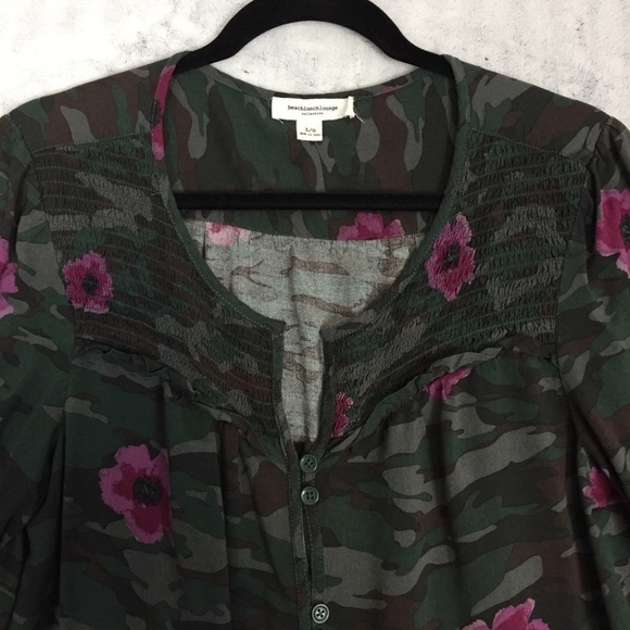 Beach Lunch Lounge Camo Floral Button Up Top Large Elastic Wrist Viscose Shirt - Picture 4 of 14